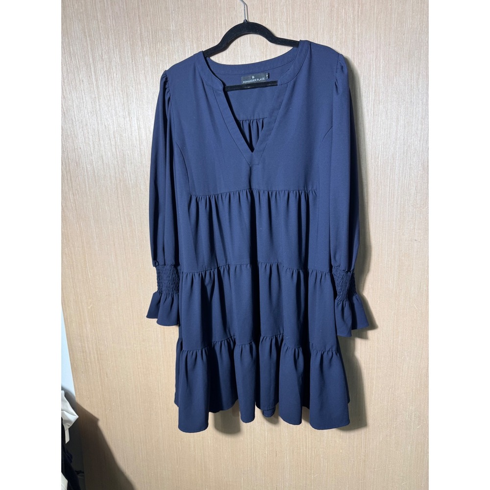 Pomander Place XXL Blue‎ Dress Tiered Mini Long Sleeve V Neck Womens
